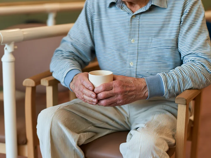 A Parkinson's patient holding a cup with trembling hands sits on a chair in a care facility.