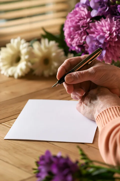 A Parkinson's patient holding a pen prepares to write on a blank sheet of paper surrounded by fresh flowers.