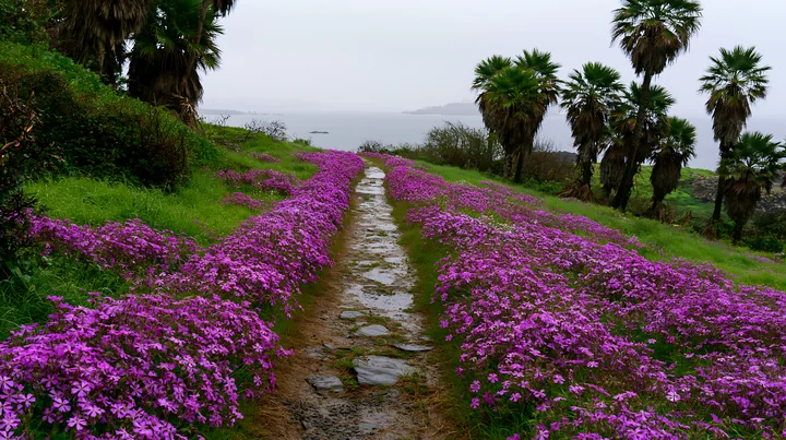 A path lined with vibrant flowers leads toward the sea, showcasing an island with flowers after rain.