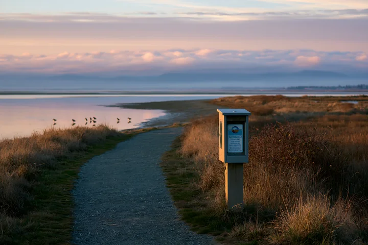A path runs along a coastline with a sustainable tourism sign, while several birds gather nearby.