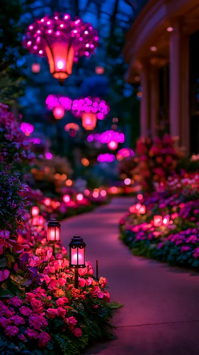 A pathway is illuminated by lanterns and surrounded by blooming flowers in a garden during the evening.