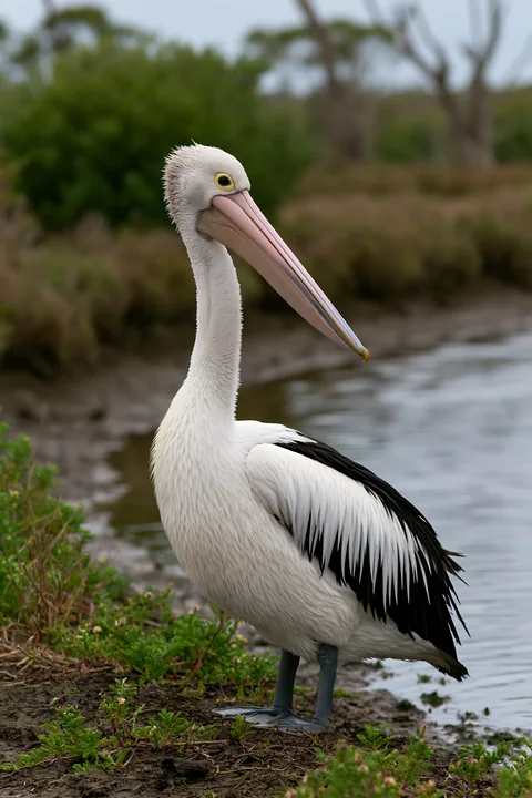 A pelican stands near the edge of a body of water, surrounded by greenery.