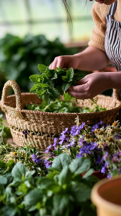 A person arranges fresh herbs and meadow flowers next to a handwoven basket in a cozy indoor setting.