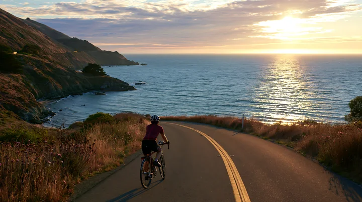 A person cycles along a road by the coastline with sheltered bay during sunset.
