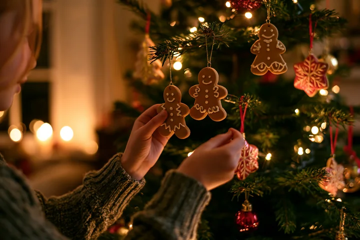 A person decorates a Christmas tree with gingerbread ornaments in a cozy living room.