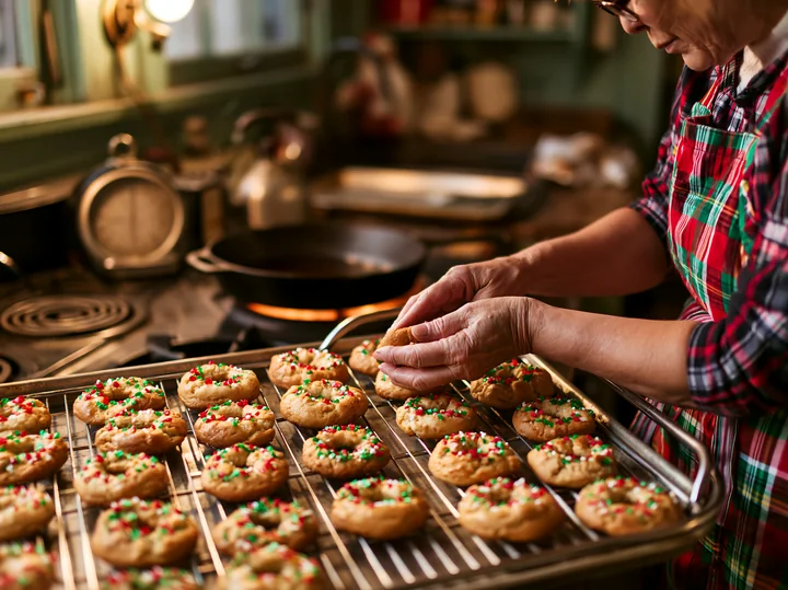 A person decorates freshly baked Christmas cookies with sprinkles in a cozy kitchen.