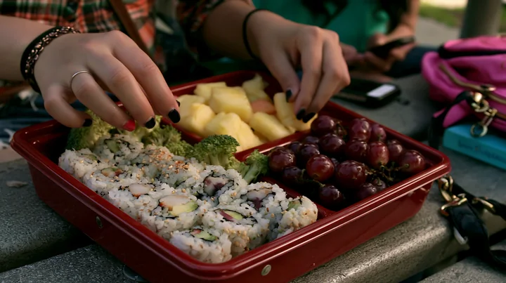 A person enjoys a sushi lunch box with compartments at a picnic table.