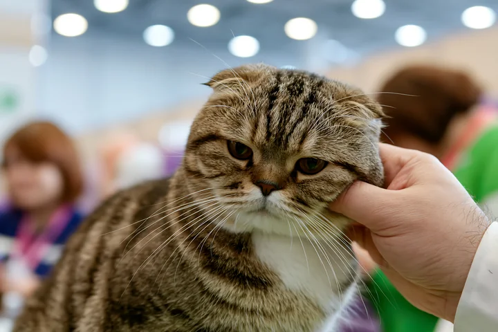 A person gently pets a rare cat breed at a cat show, surrounded by other attendees and colorful displays.