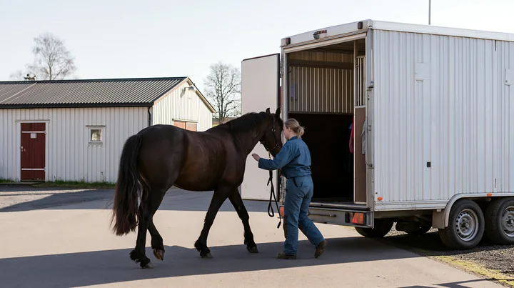 A person guides a horse into a transport trailer at a stable.