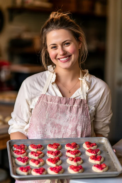 A person holds a baking tray filled with heart-shaped cookies topped with red decorations in a kitchen setting.