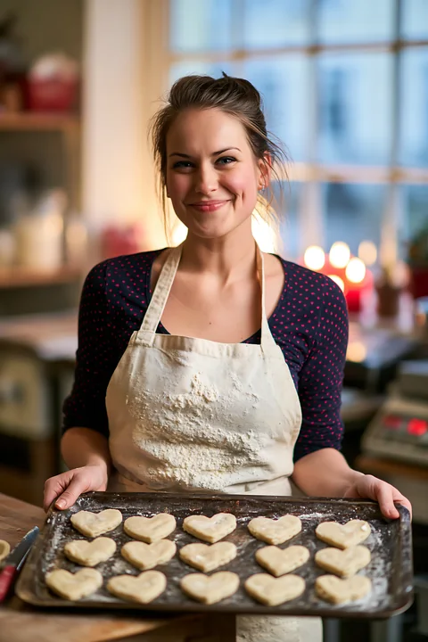 A person holds a baking tray filled with unbaked heart-shaped cookies in a cozy kitchen.