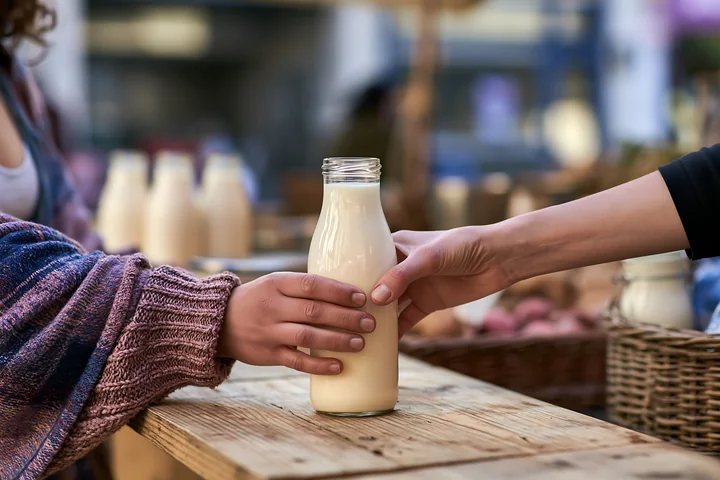A person holds a bottle of milk while another hand reaches out at a street market stall.