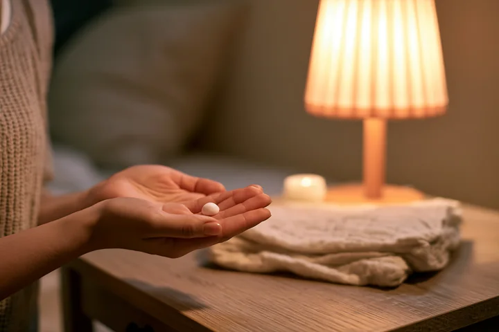A person holds a small dose of skincare cream in their open palm while sitting by a bedside table with soft lighting and towels nearby.