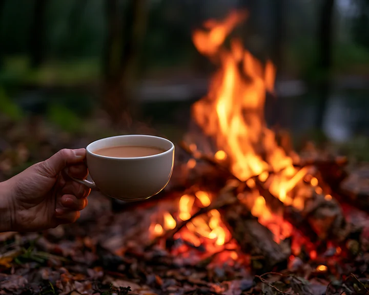 A person holds a white cup filled with a warm drink while sitting beside a glowing campfire surrounded by fallen leaves in a forest setting.