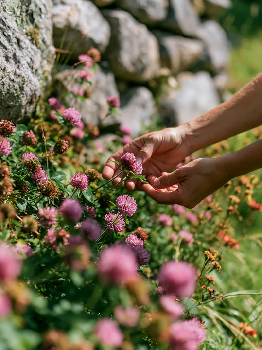 A person is gathering wild meadow flowers gently by hand in an open field.