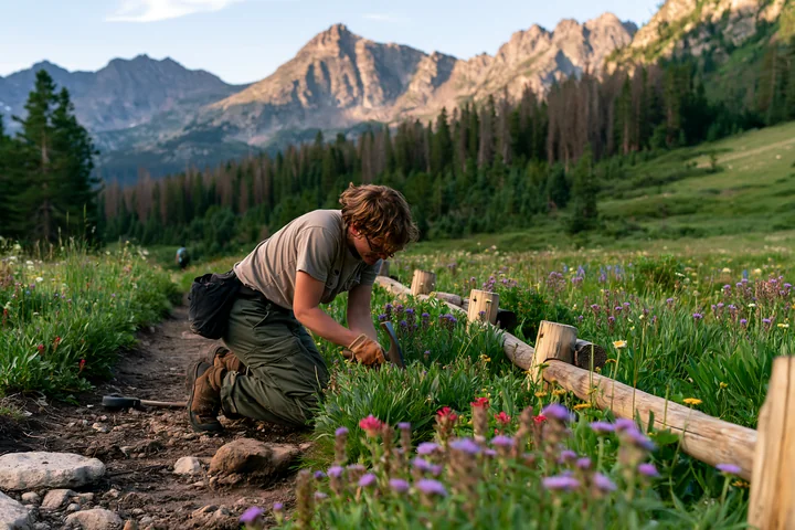 A person is kneeling in a wildflower meadow below rocky peaks, carefully tending to the flowers.