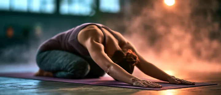 A person is performing child's pose on a yoga mat in a dimly lit studio filled with soft lighting and light mist.