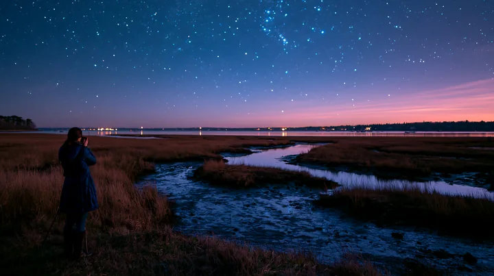 A person is photographing stars at night near a river with grassy banks.