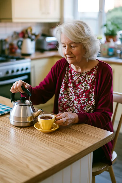 A person is pouring hot water from an adaptive kettle into a cup while sitting at a kitchen table.