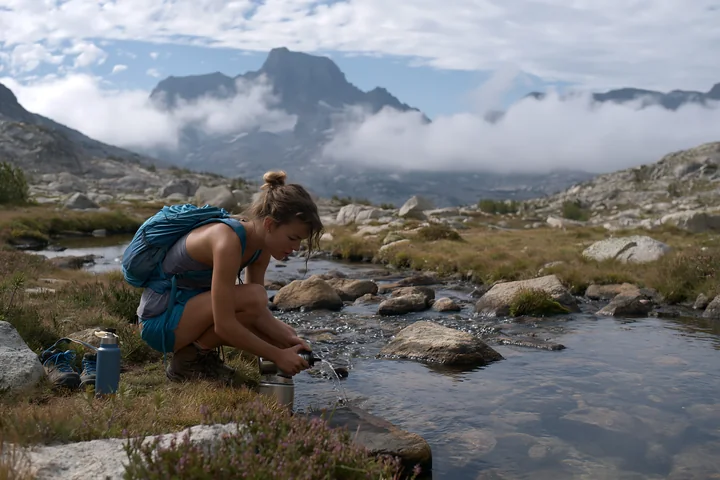 A person kneels by a stream to filter water, surrounded by dramatic clouds around alpine peaks in the background.