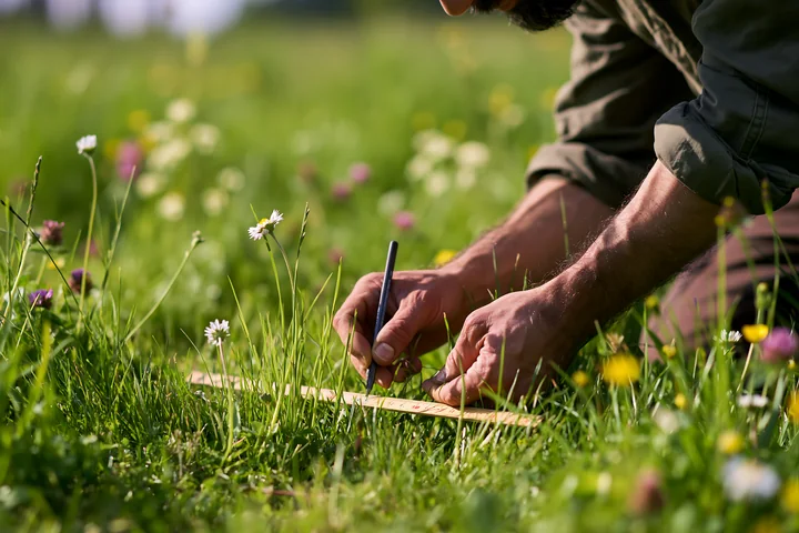 A person kneels in a lush green meadow, recording measurements with a pencil on a wooden board.