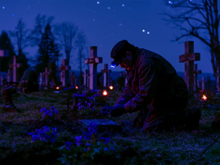 A person kneels in a soldiers' cemetery under a starry night, tending to a grave.