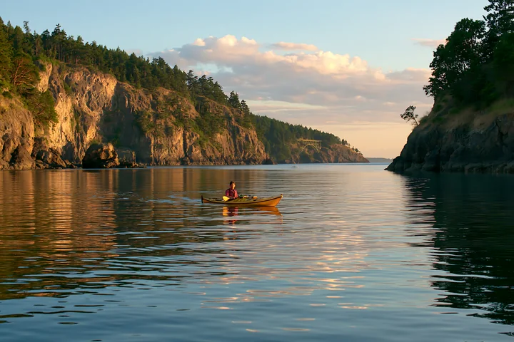 A person paddles a kayak in a sheltered bay surrounded by rocky cliffs and trees.