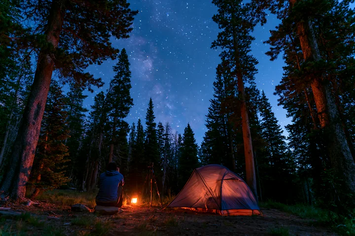 A person photographing stars at night sits near a campfire in a forest clearing.