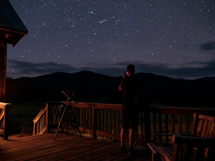 A person photographing stars from a mountain balcony with a telescope nearby.