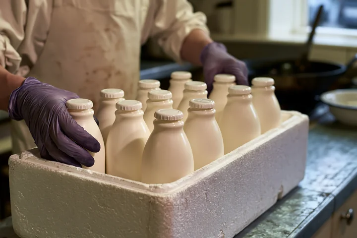 A person places milk bottles in an insulated delivery box on a work surface, preparing for delivery.