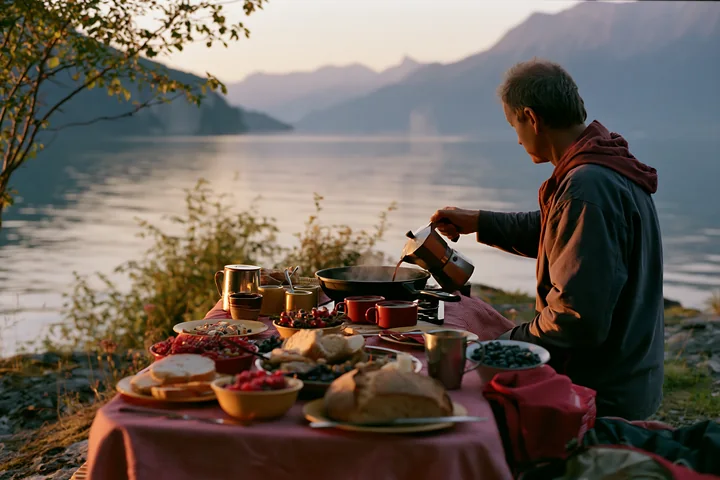 A person prepares food and drinks at a picnic table by an alpine lake in Switzerland, surrounded by mountains, trees, and calm water during sunset.