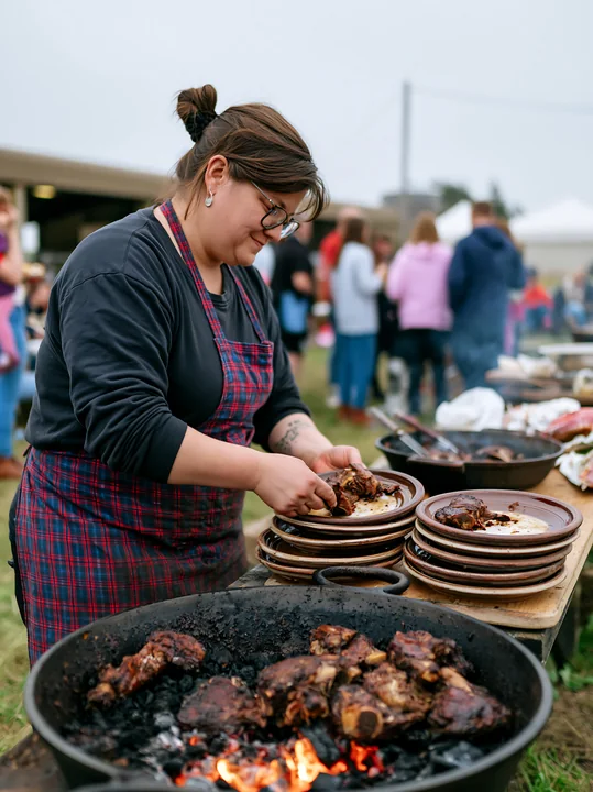 A person prepares goat meat on a grill while serving plates during a countryside festival.