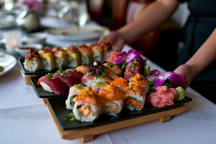 A person presents a platter of sushi featuring various rolls, toppings, and garnishes at a restaurant.