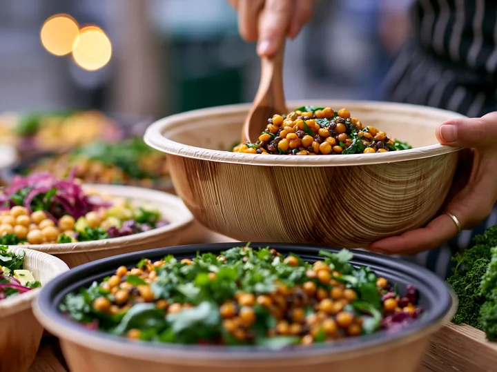 A person serves a salad from a wooden bowl at a buffet set up outdoors.