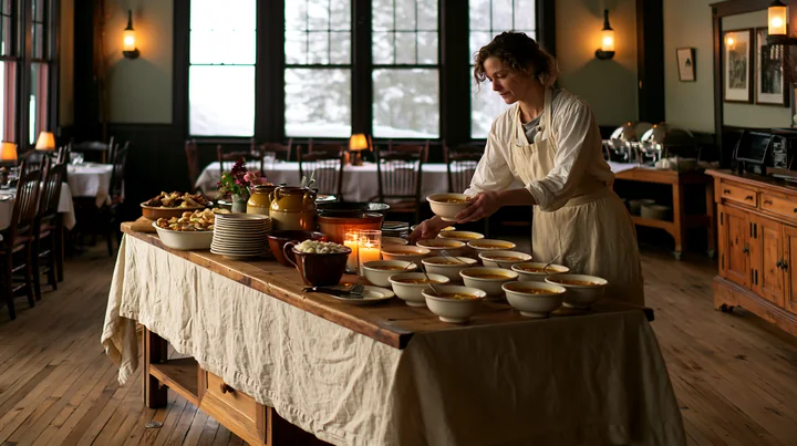 A person serves food from a rustic wooden buffet with a linen tablecloth in a cozy restaurant.