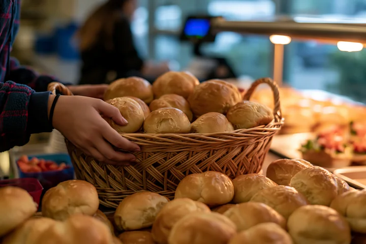 A person serves fresh rolls from a basket at a charity event buffet.