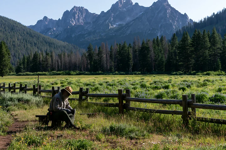 A person sits on a bench in a wildflower meadow below rocky peaks, surrounded by trees and mountains in bright daylight.