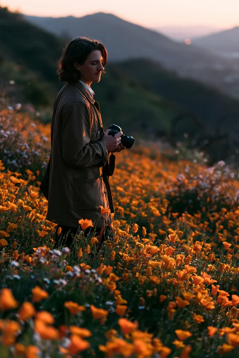 A person stands among vibrant flowers in a meadow while taking photographs during sunset.