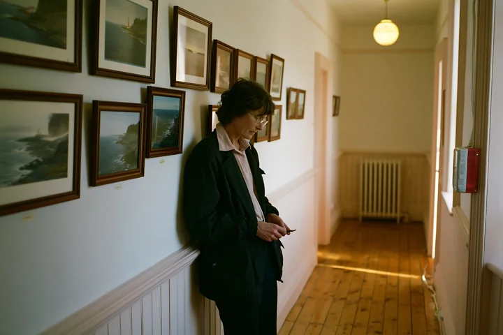A person stands in a hallway of a lighthouse museum interior, gazing at their phone.