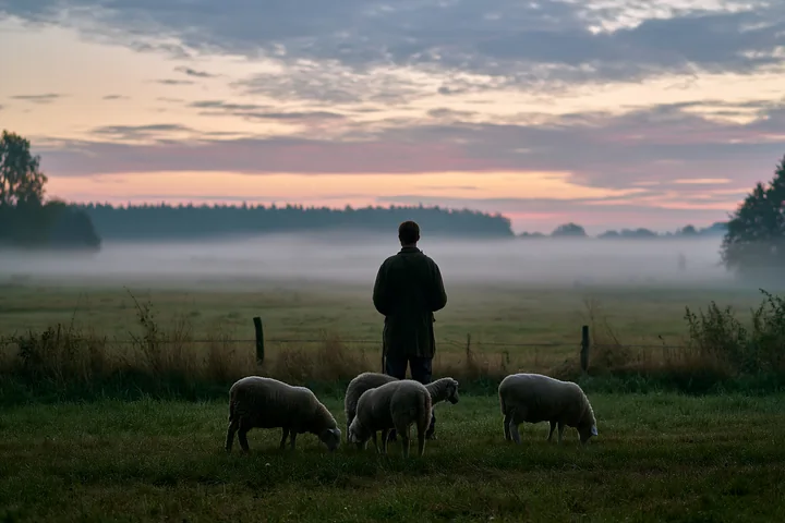 A person stands in a meadow watching sheep as fog drifts across the landscape during early morning.