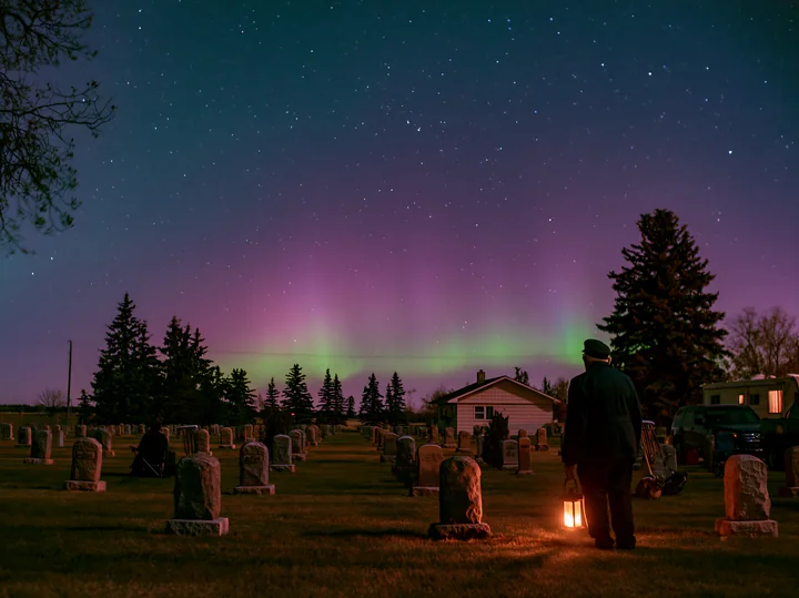 A person stands in a military cemetery at night, holding a lantern.