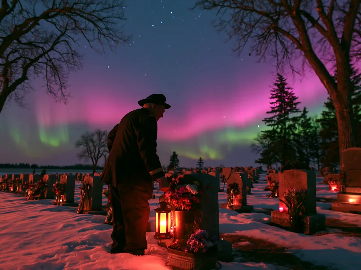 A person stands near a grave in a military cemetery, illuminated by lantern light, as the northern lights shine above.