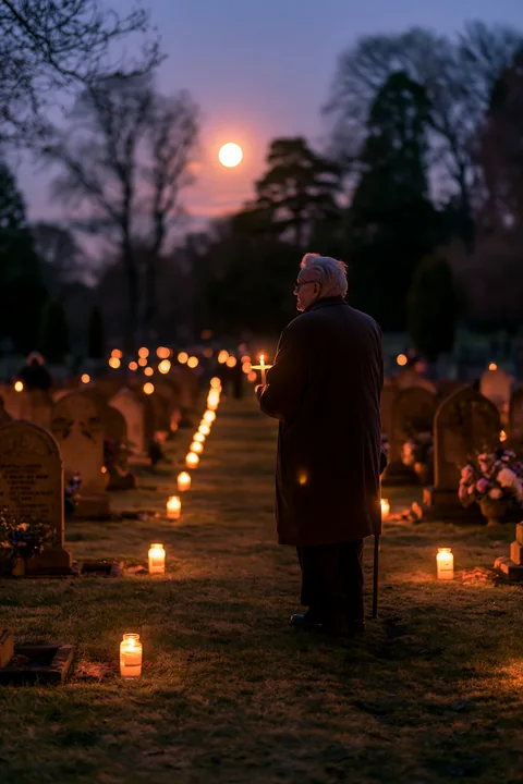 A person stands near headstones of fallen soldiers under moonlight in a cemetery.