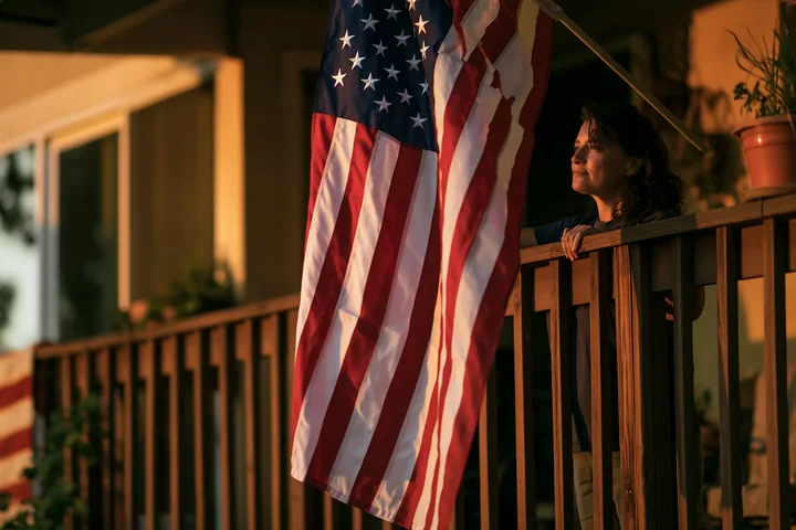 A person stands on a balcony of an apartment building, looking out with an American flag hanging beside them.