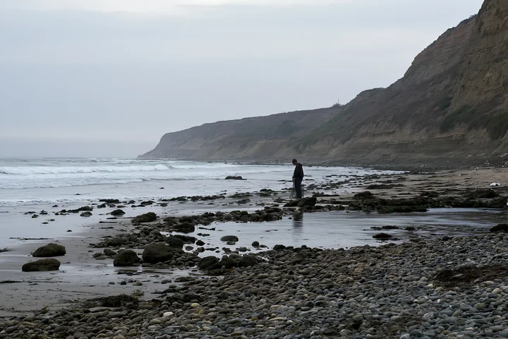 A person stands on a pebbly coastline beach during low tide, looking at the water.