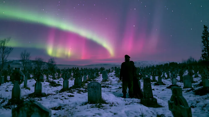 A person stands silently in a military cemetery as the northern lights illuminate the sky.