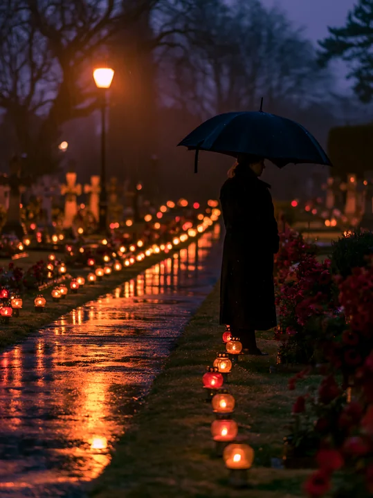 A person stands under an umbrella at a war cemetery during nighttime remembrance.