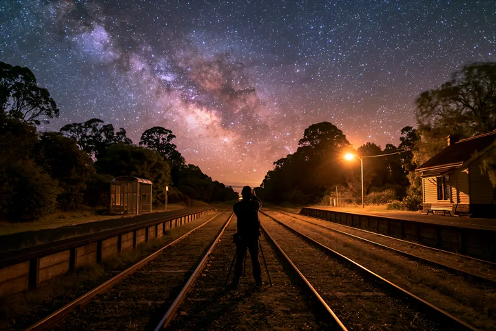 A person using camera under Milky Way stands on abandoned train tracks near an empty station at night.
