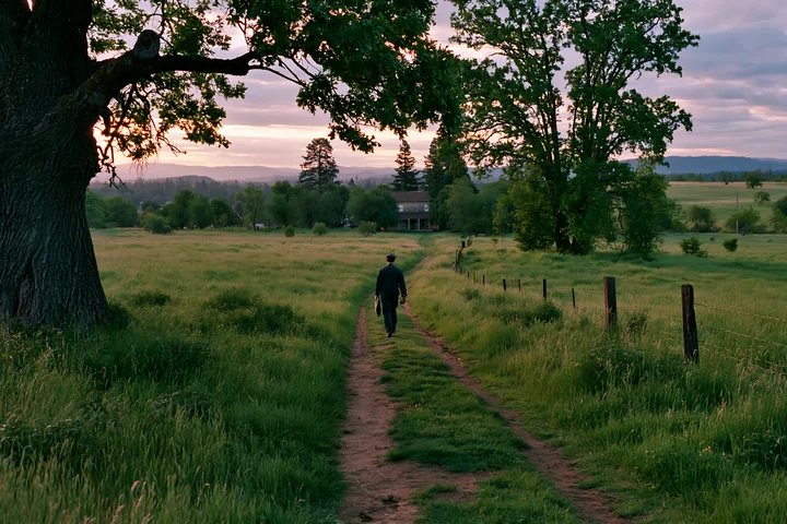 A person walks along a dirt path in a meadow beside a rural road.