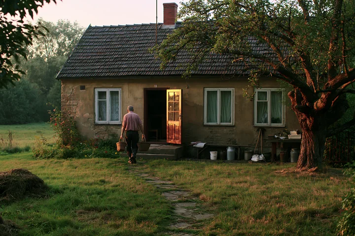 A person walks towards a country house with open front door in a green field.